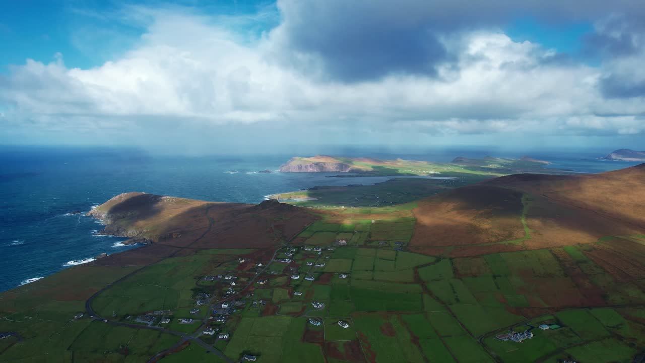 Epic Irish drone landscapes dramatic Slea head Dingle Kerry Dounquin Village and stunning coastline in autumn
