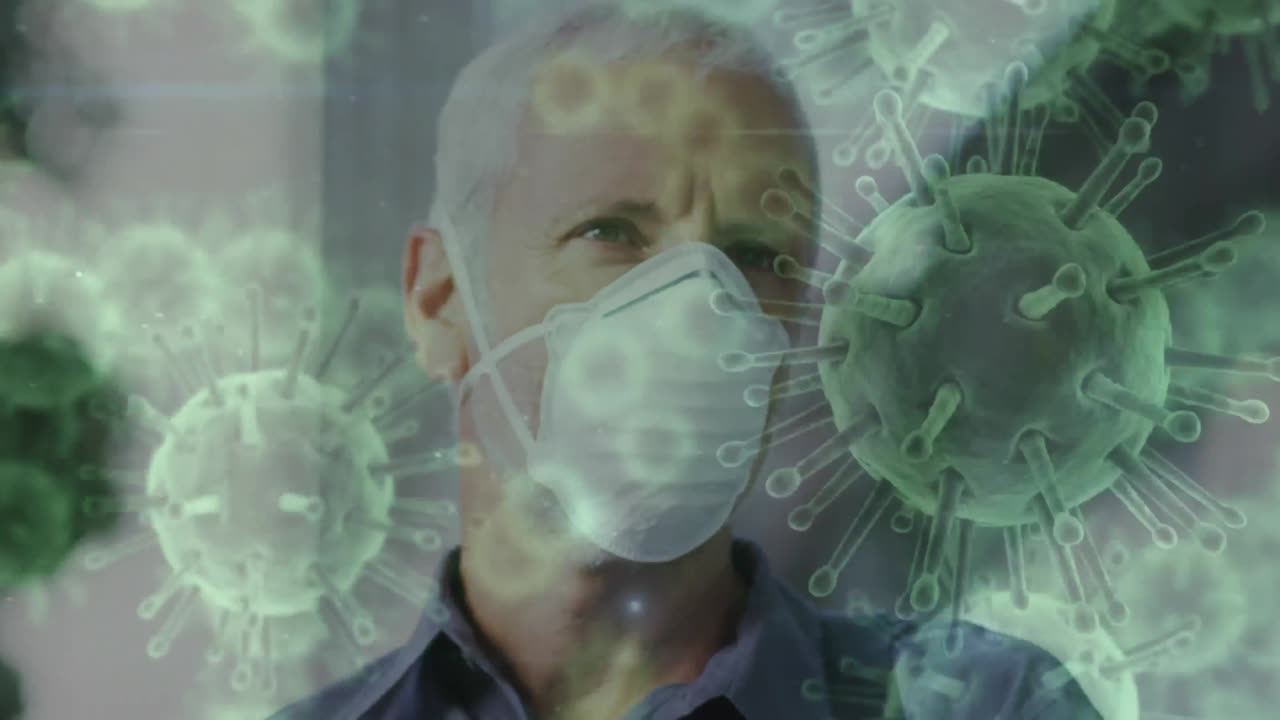 animación de células de covid-19 moviéndose sobre un hombre con una máscara facial
