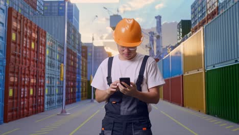 trabajador asiático con gafas de protección y casco de seguridad usando un teléfono inteligente mientras está de pie en el almacén del patio de contenedores