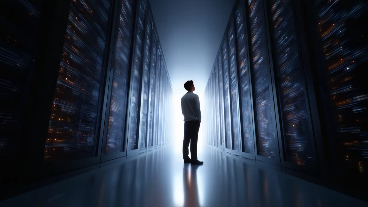 Una persona è in piedi tra imponenti server rack in un data center futuristico, intenta a osservare le luci brillanti che simboleggiano la potenza della tecnologia e della connettività.