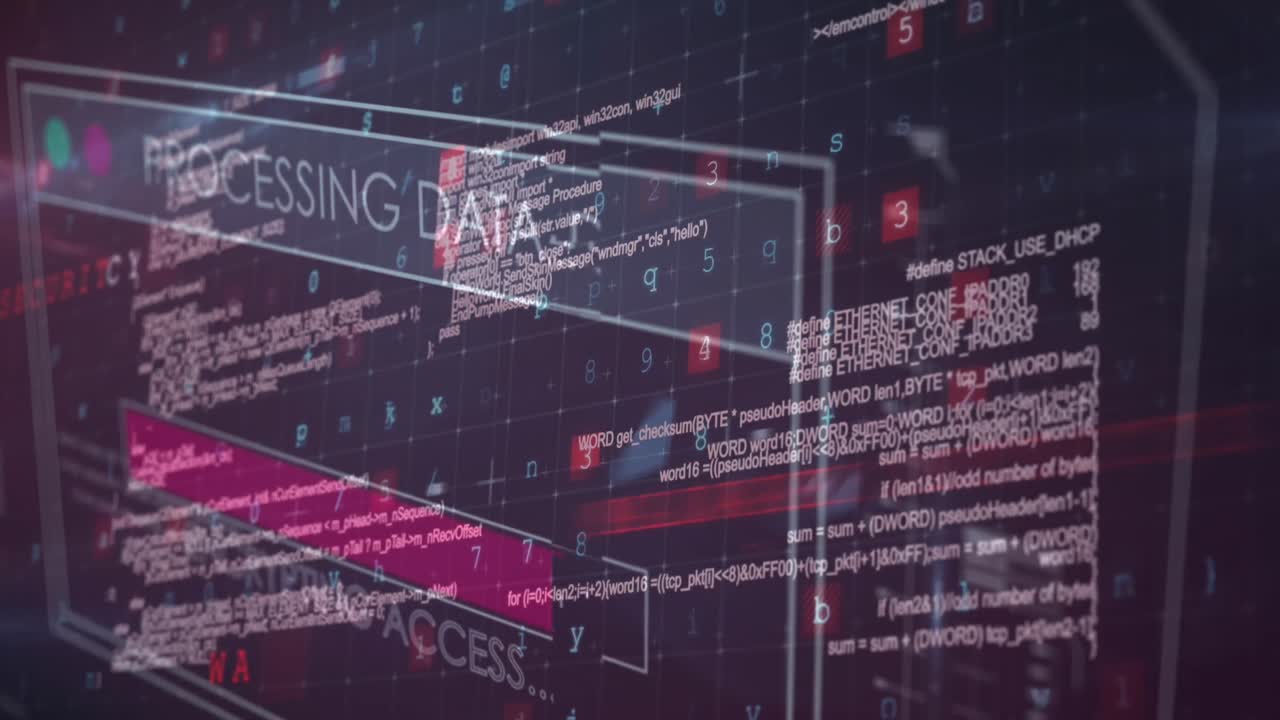 Animation of data processing and text over screen