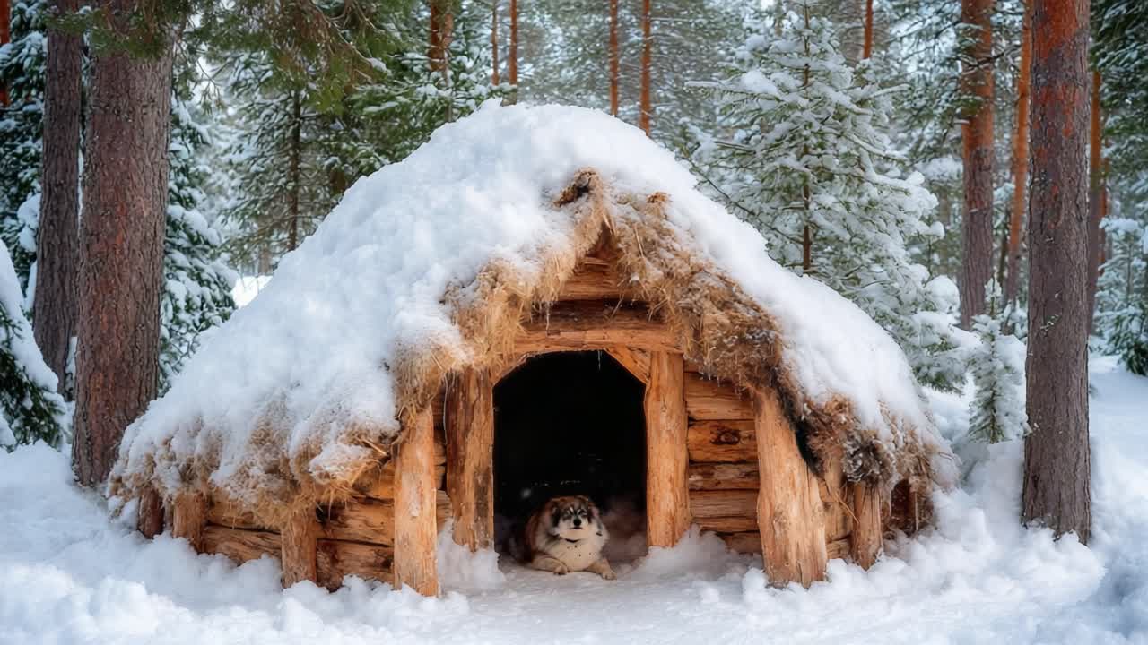 Cozy Dog Shelter in Snowy Forest: A Warm Retreat Surrounded by Tall Pine Trees and Soft Snow, Ideal for Canines in Chilly Environments and Showcasing Winter's Beauty