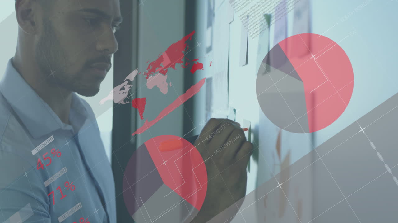 animación de procesamiento de datos financieros sobre empresario afroamericano por pizarra en la oficina