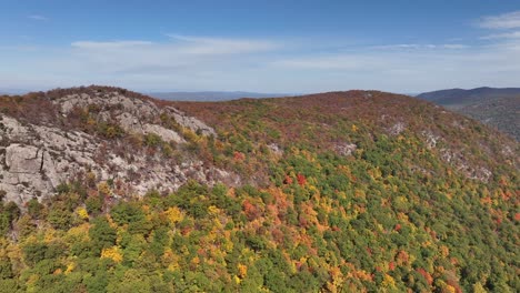 an aerial view above the mountains in upstate ny during the fall foliage changes