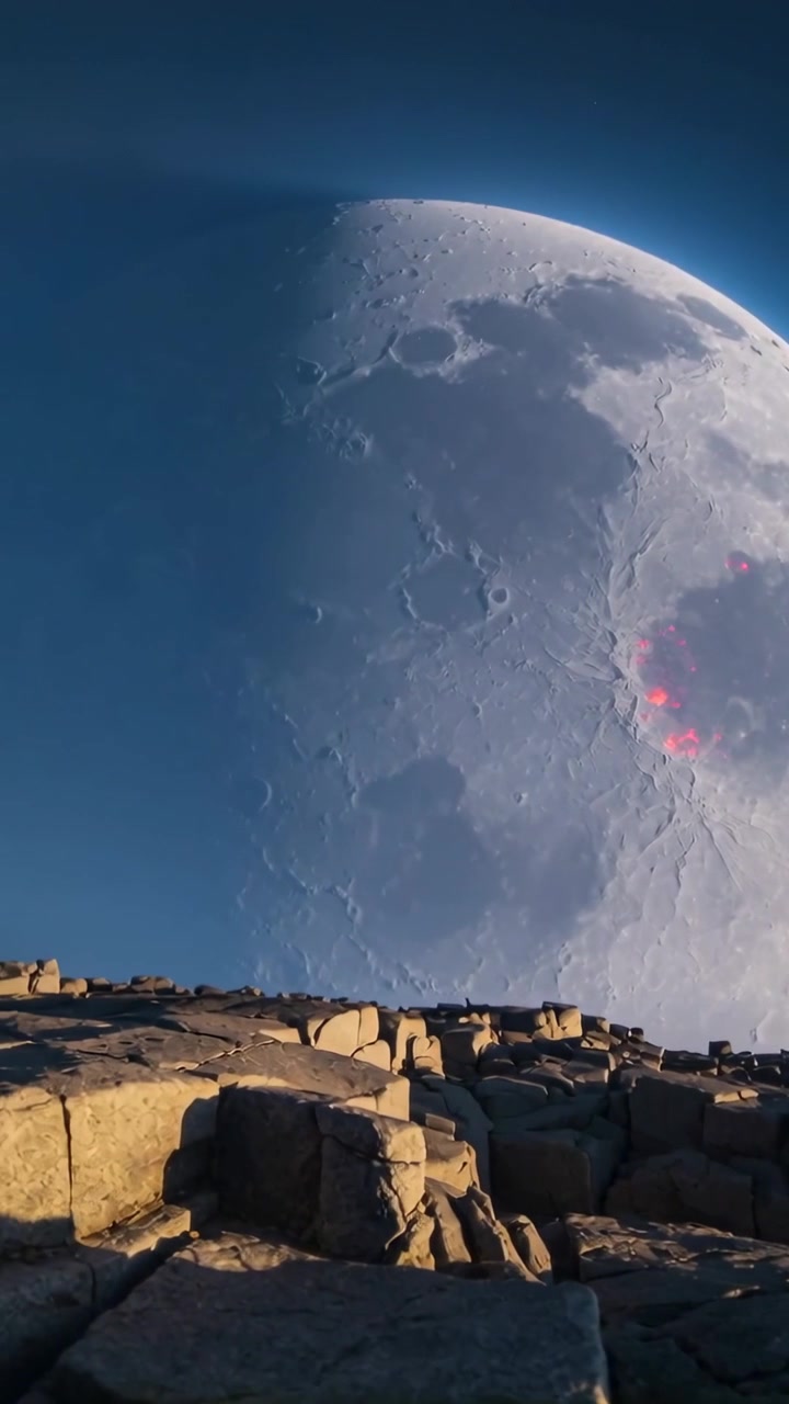 Video verticale: Telecamera che si inclina mostrando un enorme disco lunare che sorge sopra massi rocciosi, emanando un bagliore rosa.