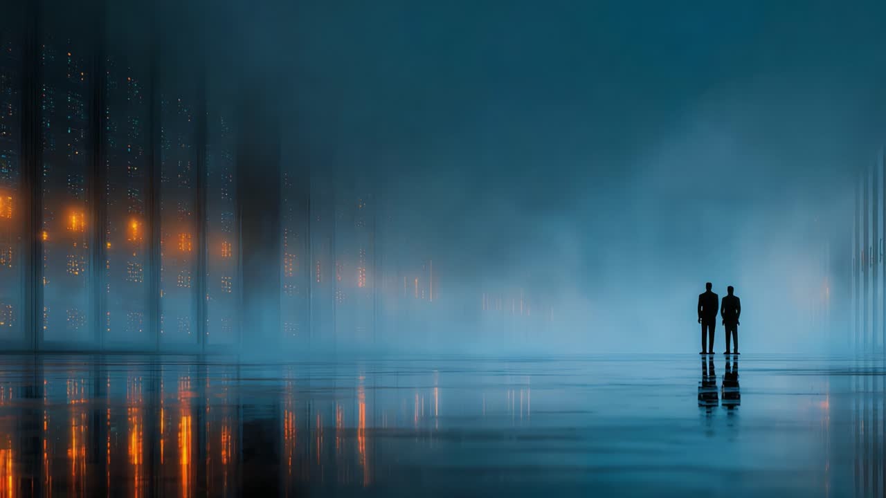 A Mysterious Encounter in a Dimly Lit Foggy Environment with Two Silhouetted Figures Standing Amidst Bright Glow of Lights Reflecting on a Wet Surface