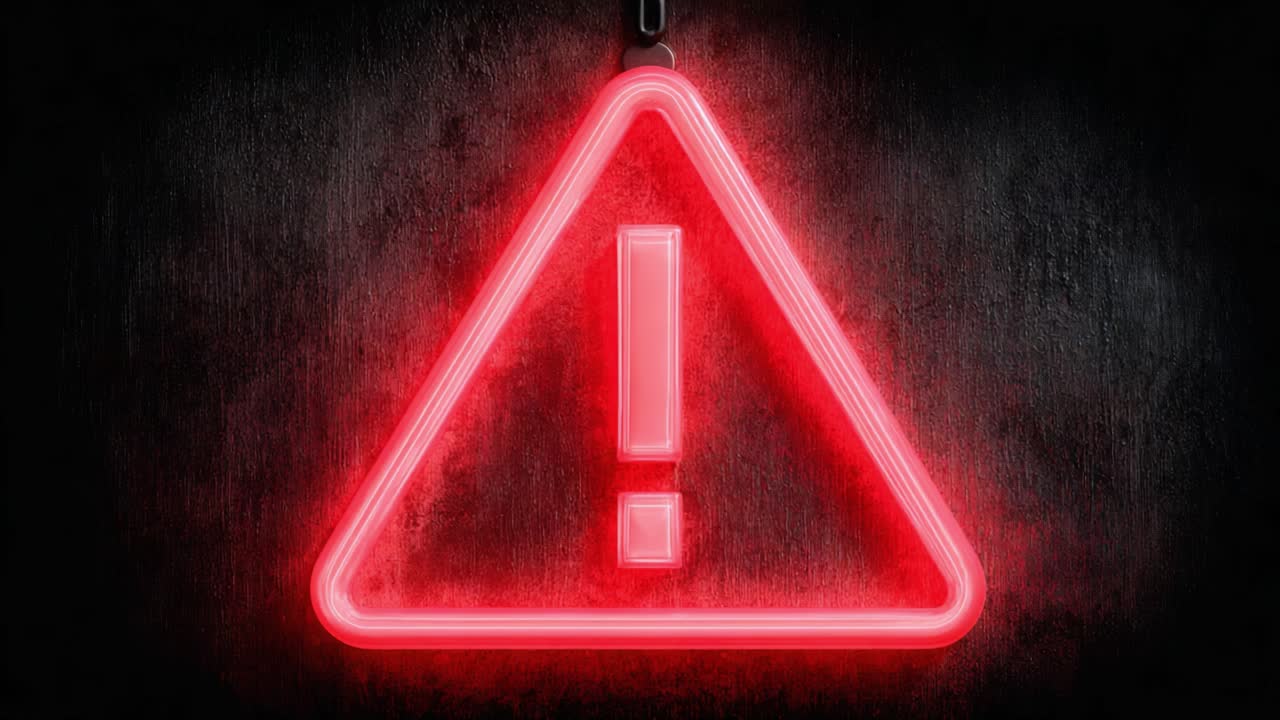A Brightly Illuminated Neon Warning Sign in a Dark Environment, Featuring a Distinct Red Triangle Shape and an Exclamation Mark at Its Center, Signifying Urgency and Caution