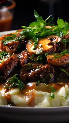 delicious meat and mushrooms served over creamy mashed potatoes