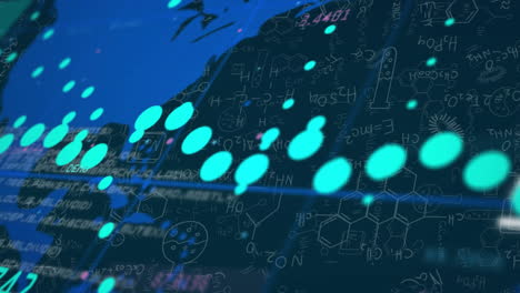 Animación-Del-Procesamiento-De-Datos-Matemáticos-Sobre-El-Mapa-Mundial-Sobre-Fondo-Oscuro