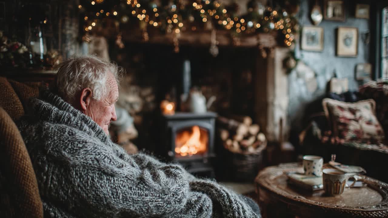 A Cozy Retreat by the Fire: An Elderly Individual in a Warm Blanket, Surrounded by Festive Decor and the Comfort of a Peaceful Hearth