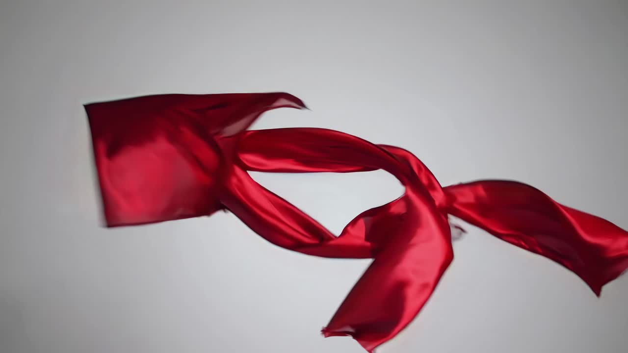 Dynamic video of a red silk ribbon swirling gracefully against a gray backdrop