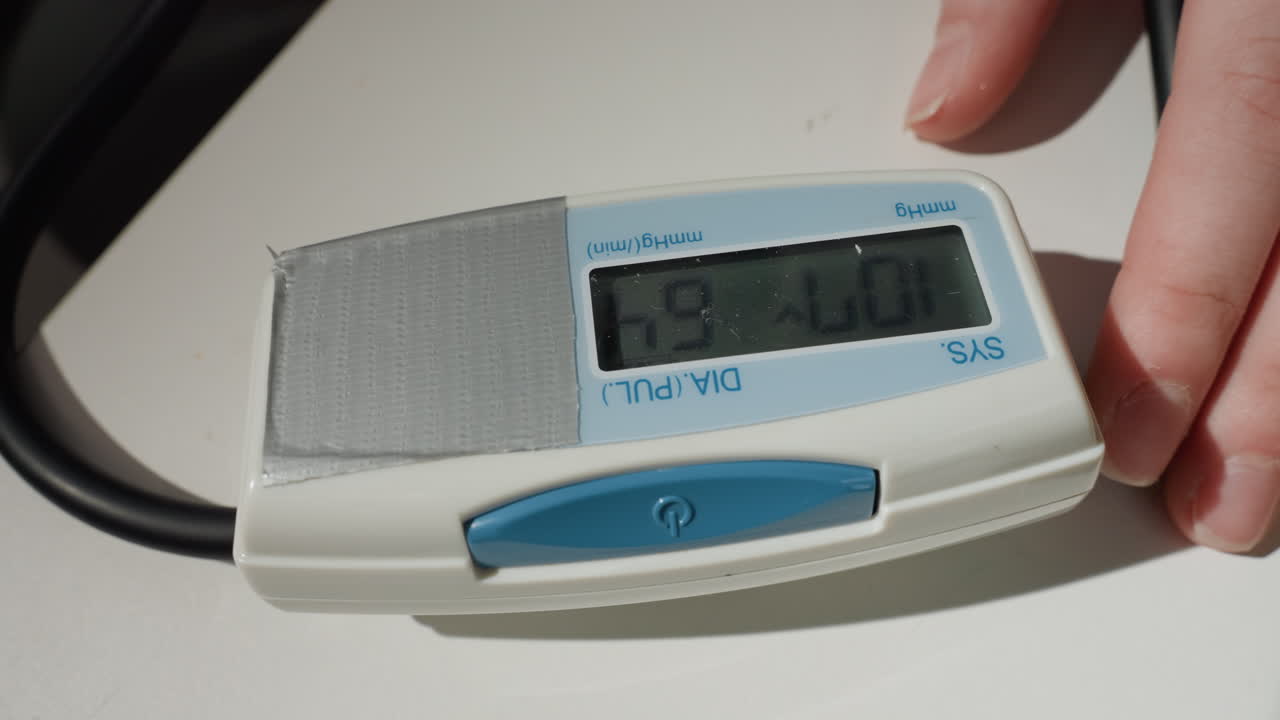 Monitor medico digitale su un tavolo, la mano del paziente che preme un pulsante blu su un dispositivo compatto, cavo e bracciale visibili, display LCD che scorre le letture, illuminazione clinica ravvicinata, scena di assistenza domiciliare di routine.