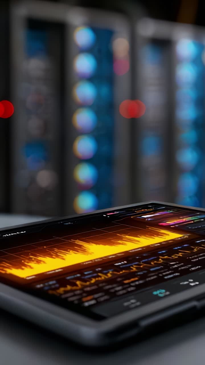 Analyzing Sound Waves with Advanced Technology: A Close-Up View of a Digital Display and Background Servers in a Modern Audio Production Environment