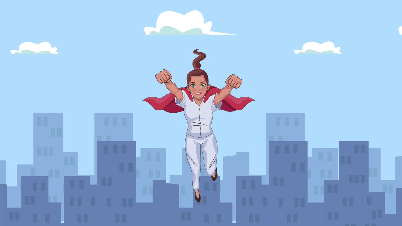enfermera héroe volando en el personaje de la ciudad