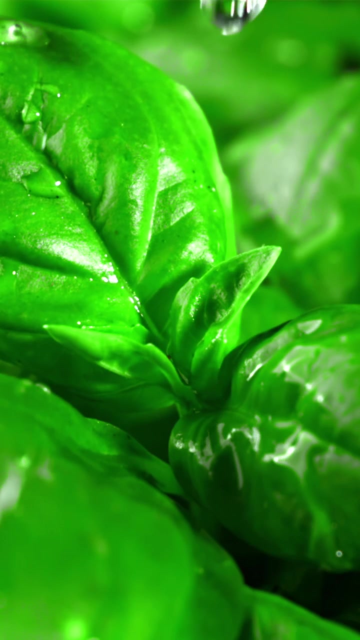 Goccioline d'acqua che cadono al rallentatore su foglie fresche di basilico verde