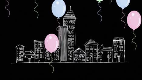 Animation-Von-Luftballons-Und-Stadtbild-Auf-Schwarzem-Hintergrund