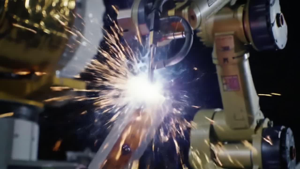 Robotic Welding Process Captured: Precision and Power in Action as Sparks Fly from Automated Machinery in a Dynamic Industrial Environment