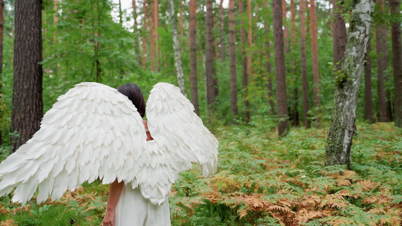 Girl with white angel wings walks slowly through green forest, holding wooden staff, surrounded by tall trees and ferns, symbolizing peace, purity, and mystery in magical natural landscape