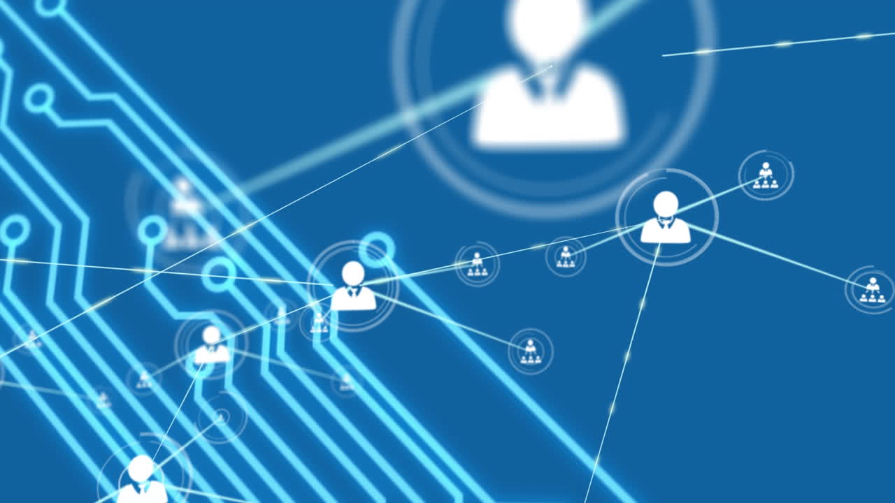 animación de la red de conexiones con iconos sobre la placa de circuitos de la computadora en fondo azul