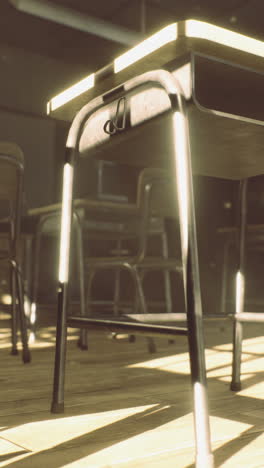 sunlight streaming through a classroom revealing forgotten desks and chairs