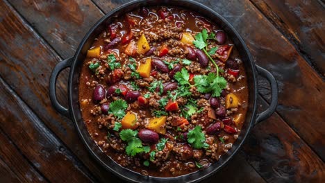 delicioso chile casero con carne en una sartén de hierro fundido