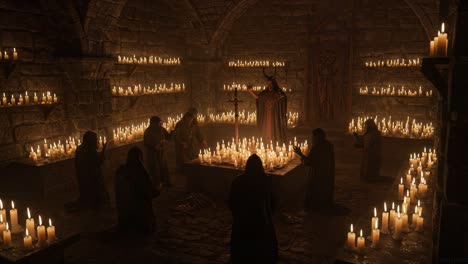 a mystical ritual unfolding: shadows and candles illuminate the worshippers in an ancient stone chamber, deep within the heart of darkness and mystery