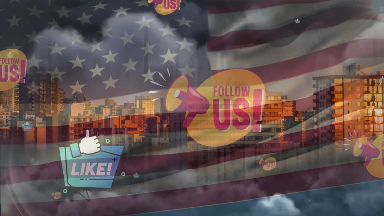여러 소셜 미디어 아이콘이 도시 풍경에 대해 미국 국기를 흔들며 떠다니고 있습니다.