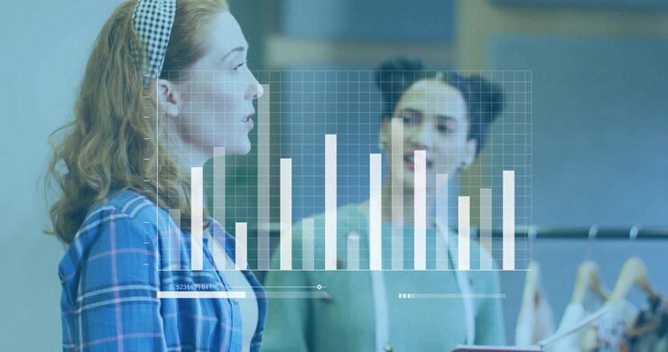 Animation of data processing and diagrams over diverse colleagues discussing work