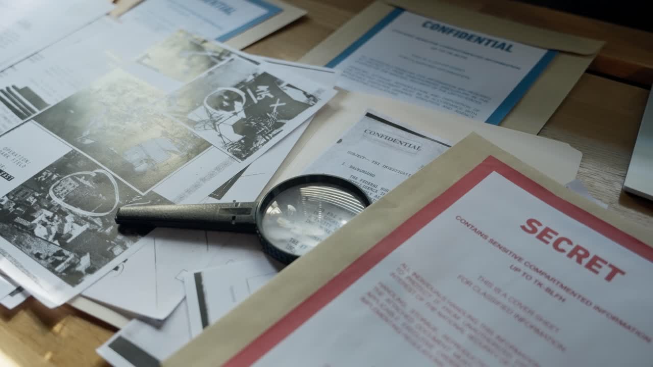 Confidential papers, maps, a magnifying glass, secret materials covering office desk. Investigation, espionage, or strategic planning, High-stakes mission or unfolding conspiracy. spy operations