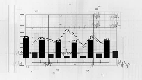 Animation of statistics and financial data processing over grid on white background
