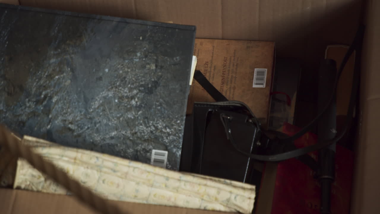 사람의 손은 오래된 카메라와 책을 마분지 상자에 넣습니다.