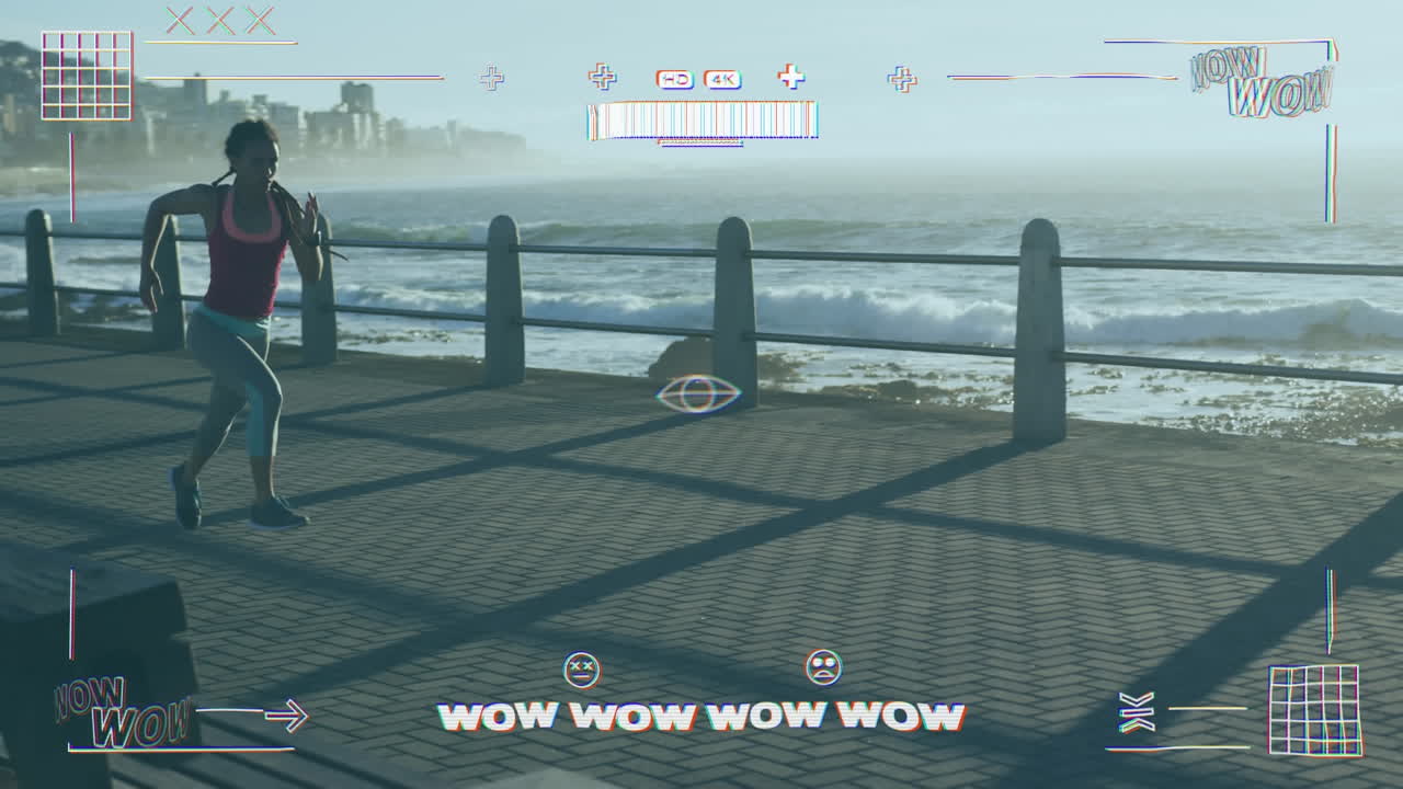 바다 근처의 산책로에서 조 ⁇ 하는 여성에 대한 통계 및 그래프의 애니메이션