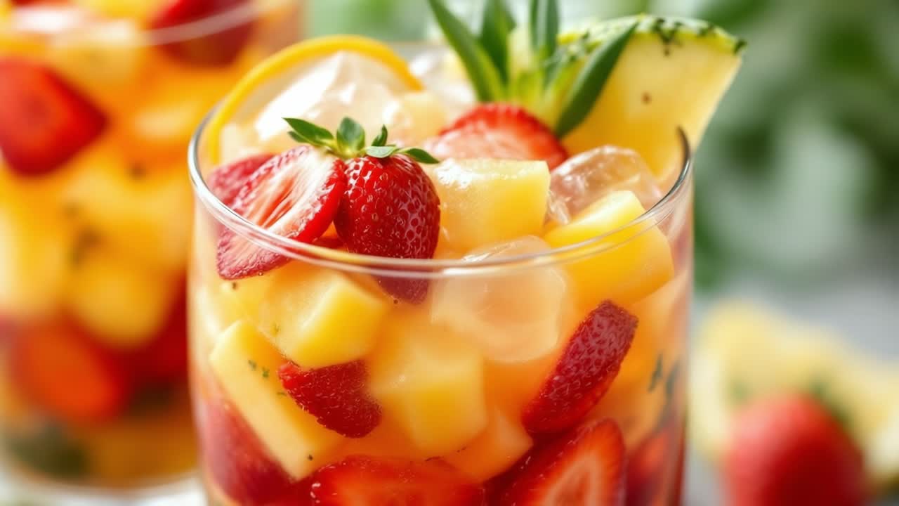Glass containing vibrant mixed fruit salad with strawberries, pineapple, lemon, chilling with ice cubes, refreshing summer treat