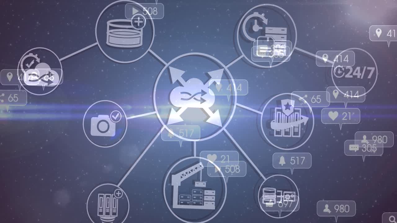 animación de iconos tecnológicos y reacciones en las redes sociales en el fondo de la marina