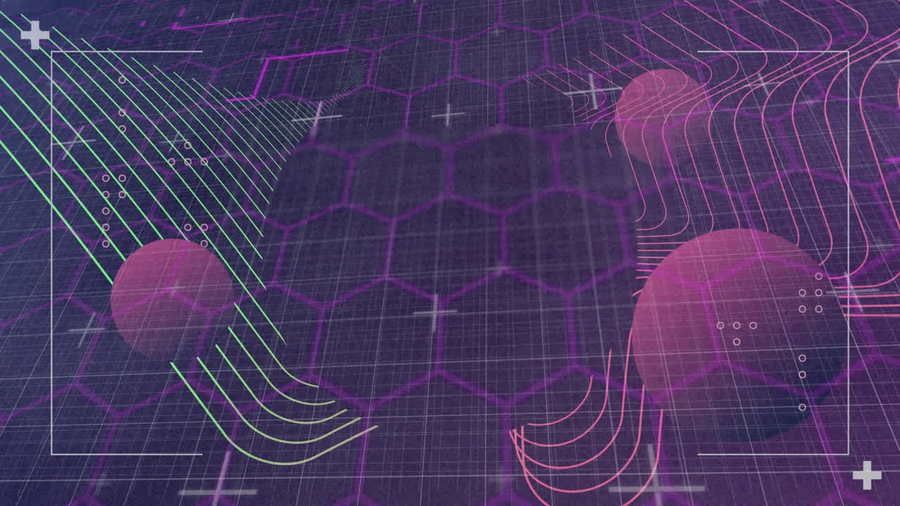 animación de esferas púrpuras y marcadores blancos en una red de hexágonos sobre fondo púrpura
