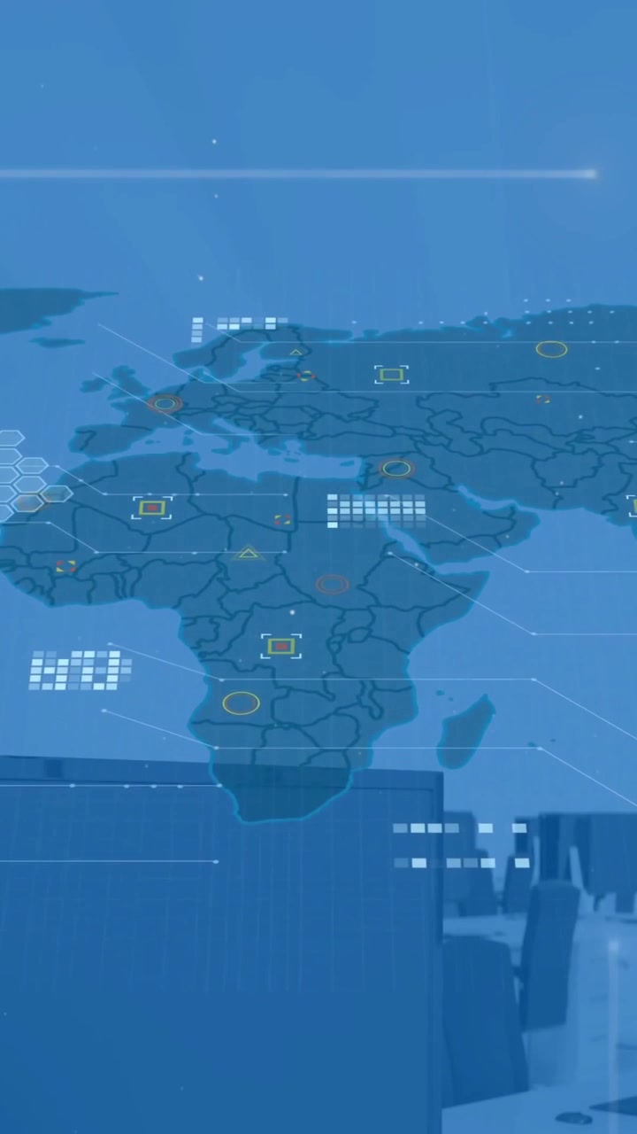 Animation of financial data processing over computers and world map