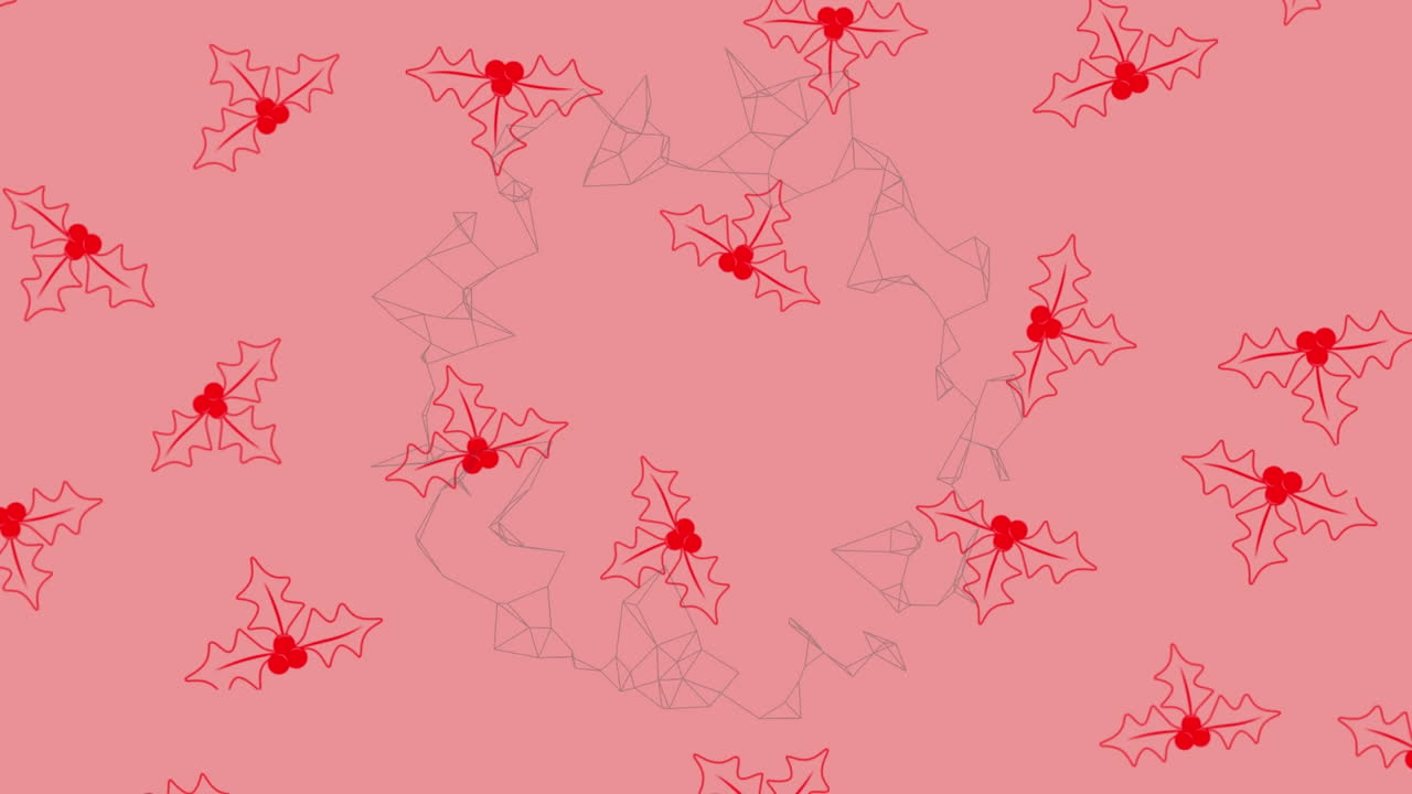 Animazione di motivo di agrifoglio natalizio su rete di connessioni su sfondo rosa