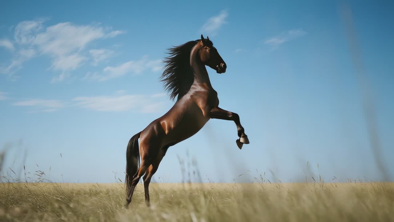Rearing dark brown horse tossing mane on prairie, transitioning into ...