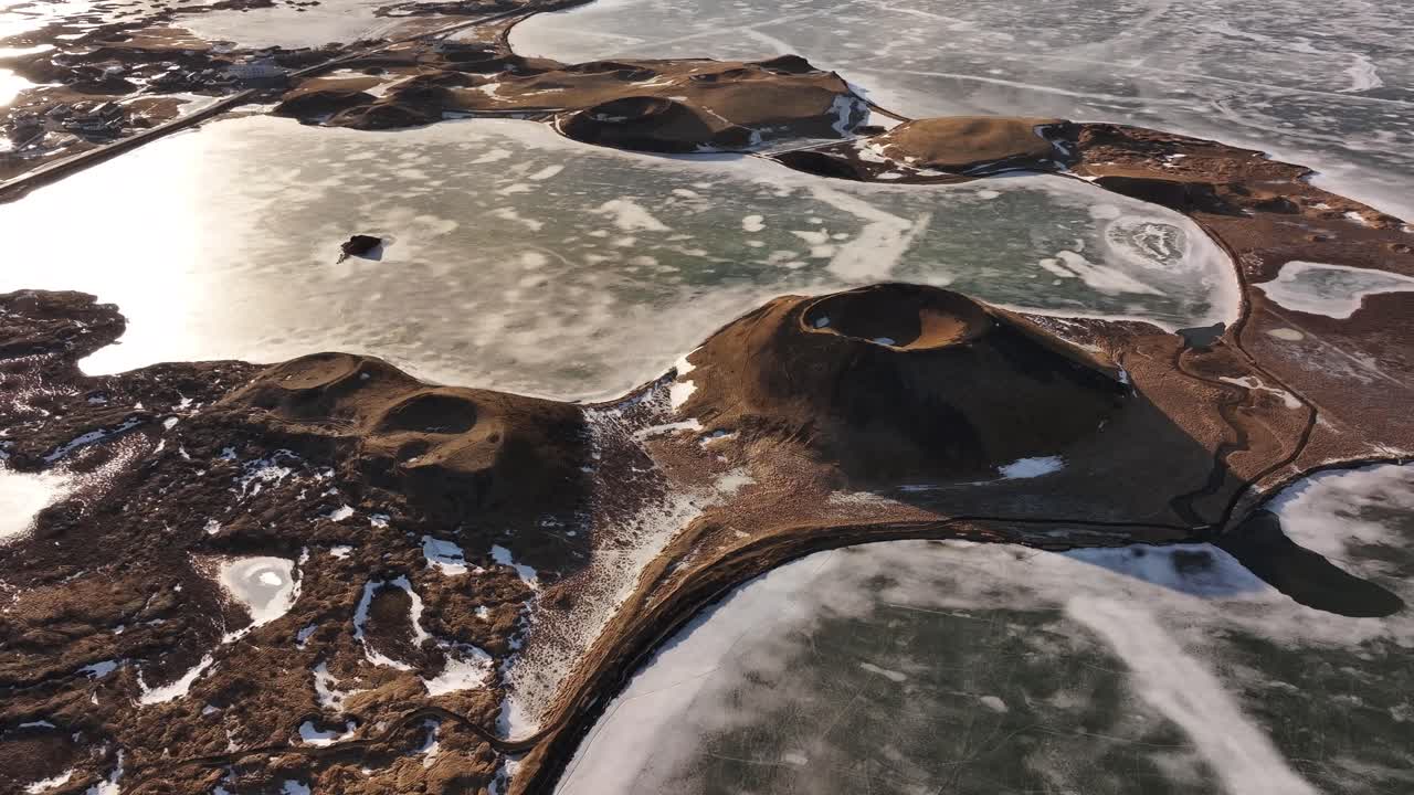 Pseudocraters, Stakhólstjorn And Frozen Lake Myvatn In Winter In Iceland. - aerial shot