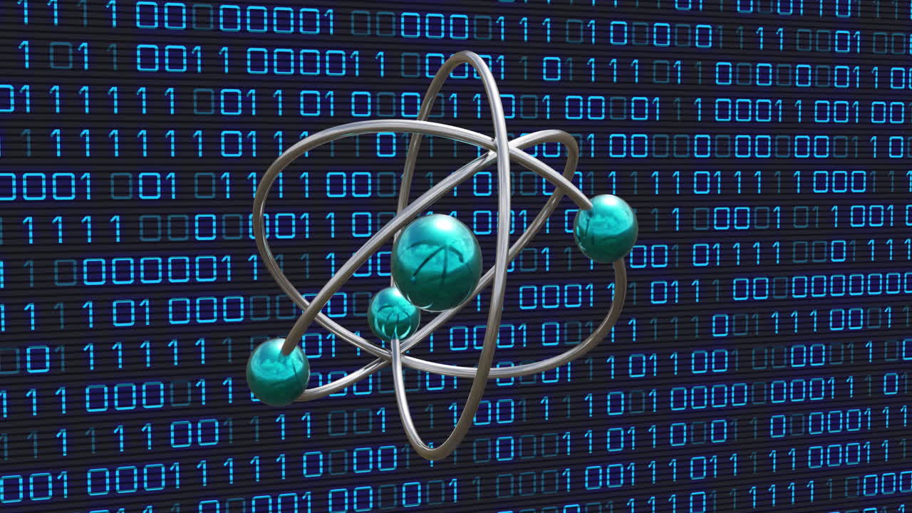 анимация атома над двоичным кодированием обработки данных на черном фоне