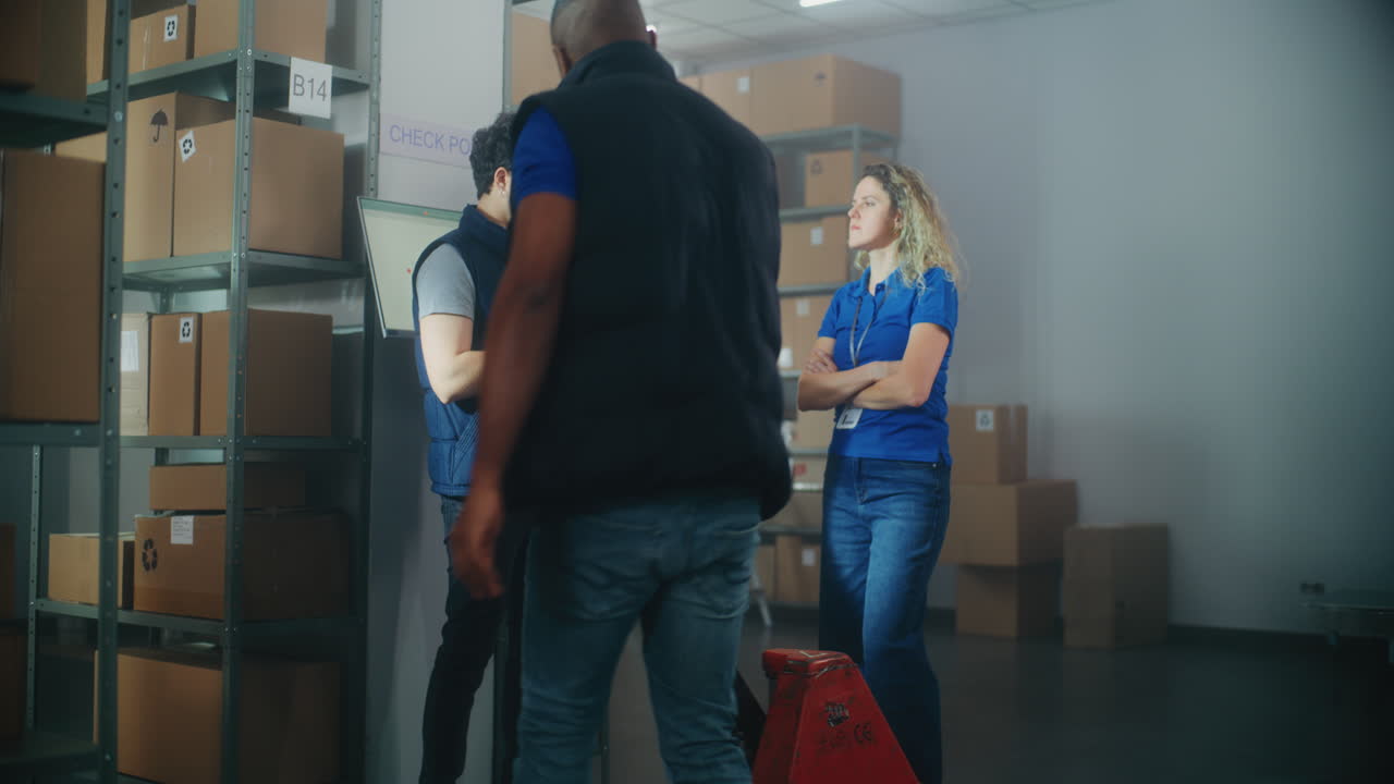 trabajadores del almacén discutiendo el inventario