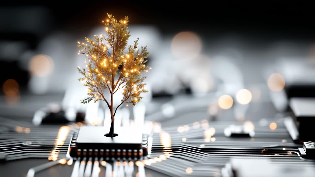 Artificial tree growing on circuit board. A small tree with glowing lights emerges from a computer circuit board, showcasing the blend of nature and technology.