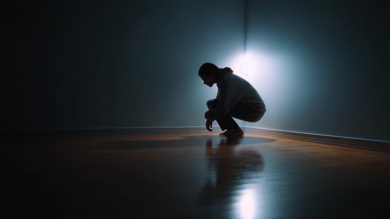 Un viaggio attraverso l'isolamento: catturare la transizione dalla disperazione alla contemplazione in una stanza poco illuminata con ombre e silhouette