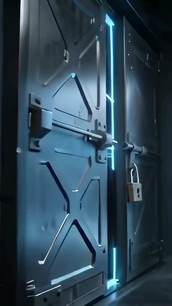 Video verticale: Telecamera in panoramica che parte da un lucchetto ravvicinato, mostrando porte blindate con profili LED blu