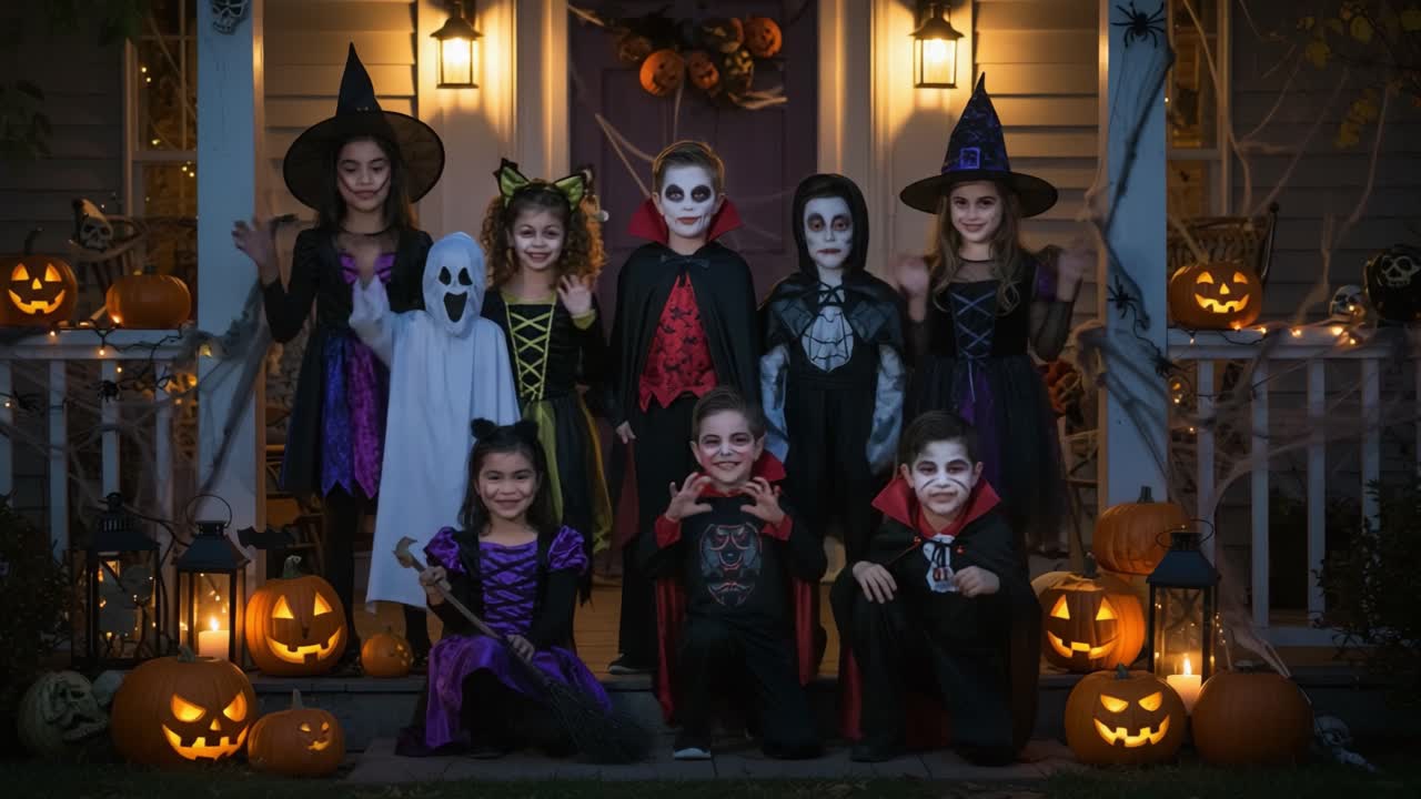 A Spooktacular Halloween Gathering: Children Dressed in Costumes Celebrating the Festive Spirit with Jack-O'-Lanterns and Chilling Decorations