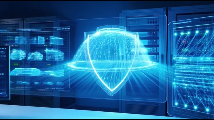 Cyber Security Shield Hologram in a Server Room