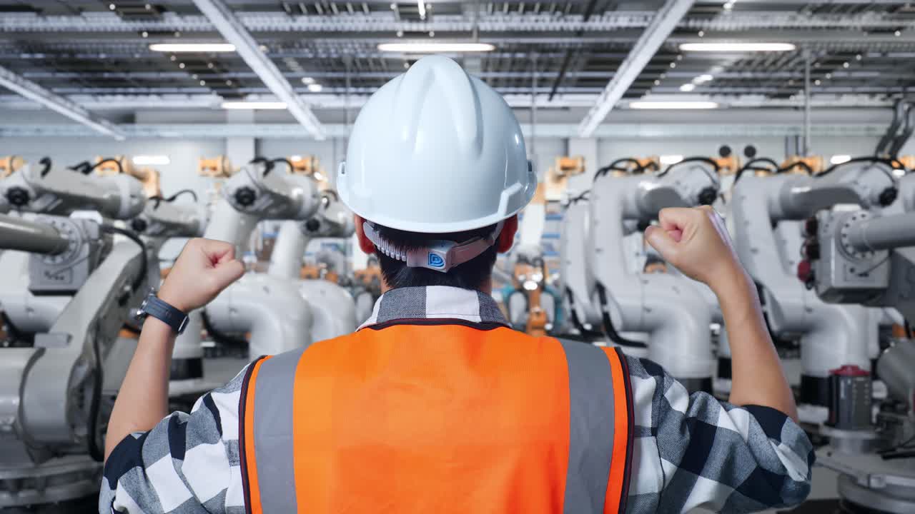 ロボット工場自動化の成功を祝うエンジニア