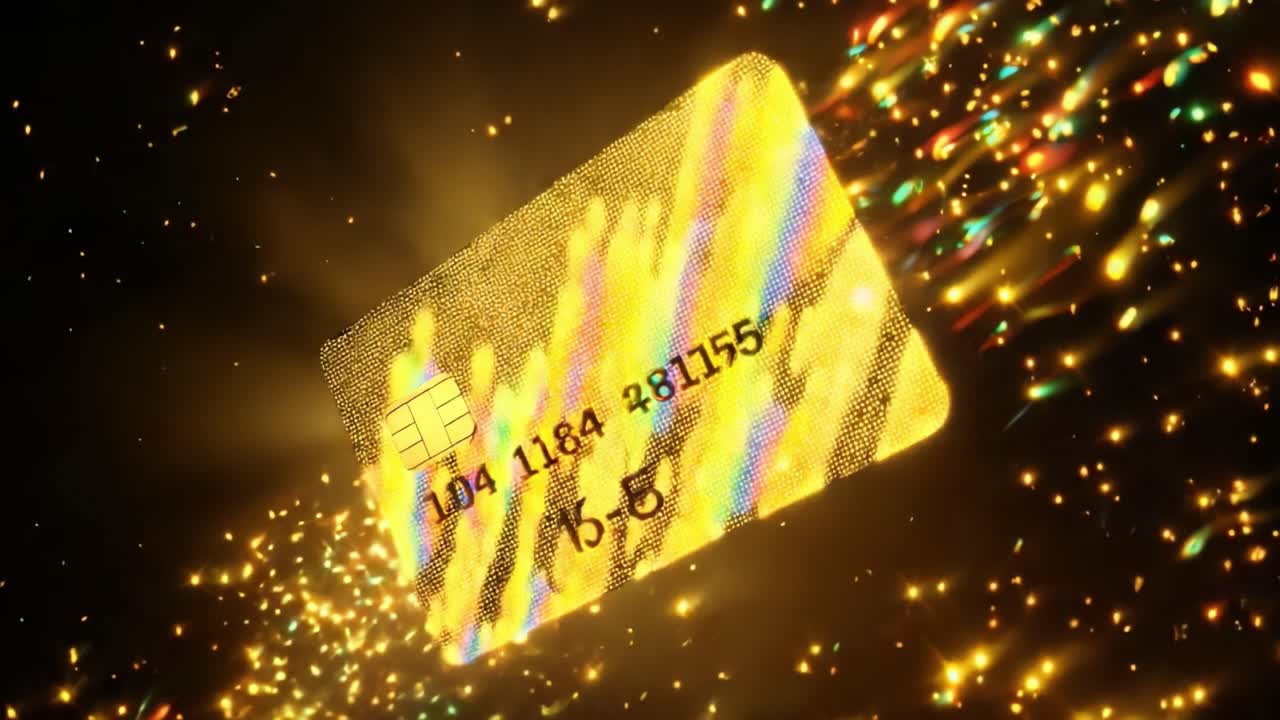 A Glimmering Credit Card Floating in a Sparkling Amber Light with a Background of Shimmering Particles, Capturing the Essence of Financial Transactions and Online Shopping Experience