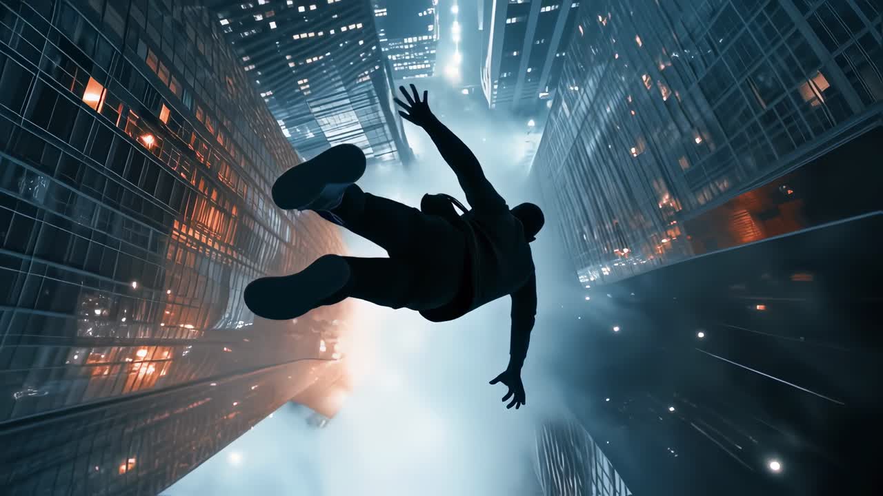 Professional falling from high rise building, symbolizing corporate burnout, metropolitan skyline backdrop highlighting workplace pressure and emotional breakdown