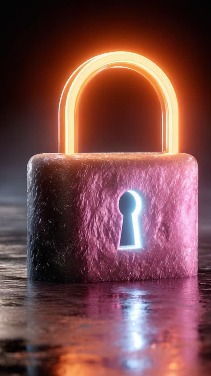 A Futuristic Lock Glowing with Neon Lights, Symbolizing Security and Protection in a Modern Digital Age, Set Against a Dark Reflective Surface